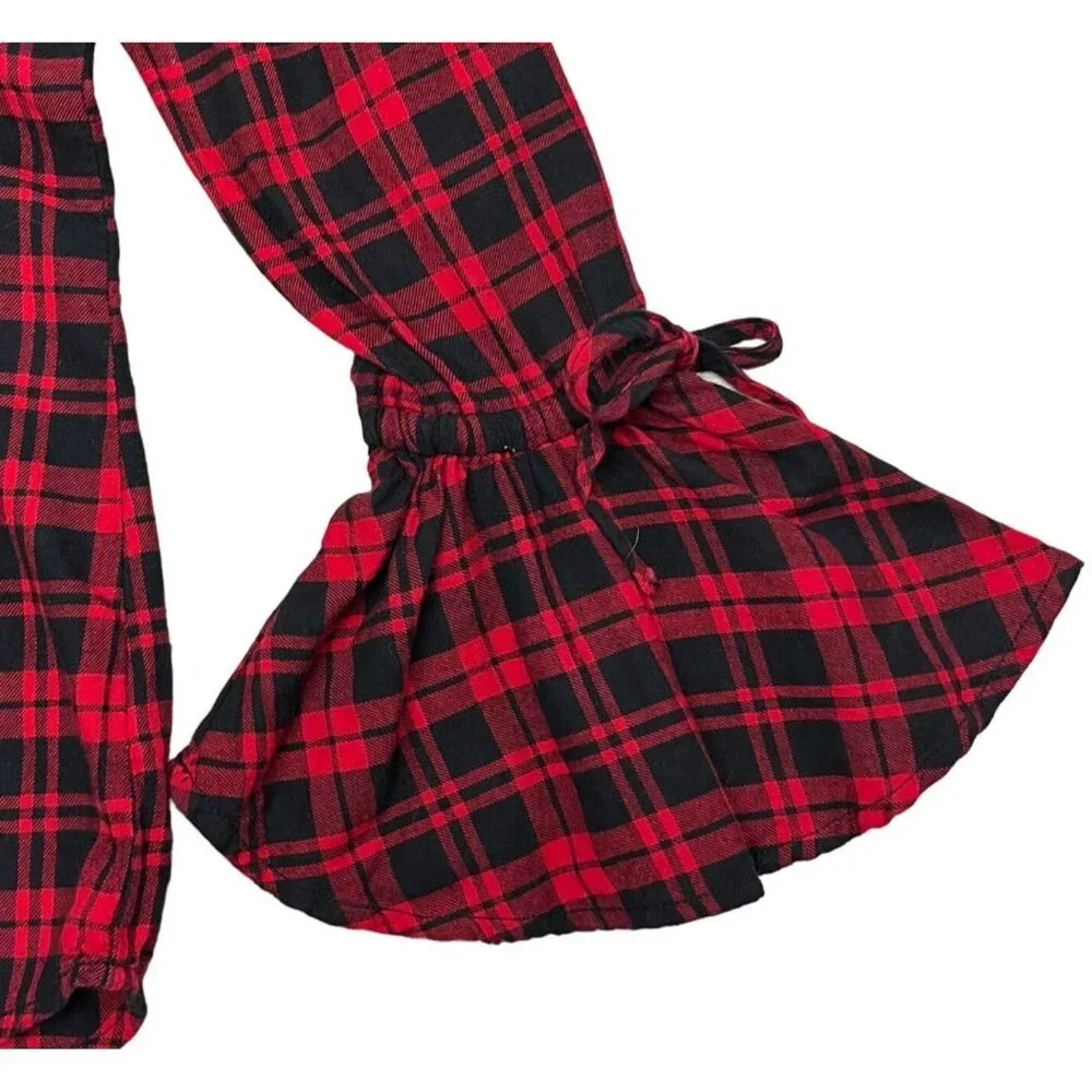 Beach Lunch Lounge SIZE L Red Black Plaid Ruffle Sleeve Button Shirt Top - Picture 5 of 8